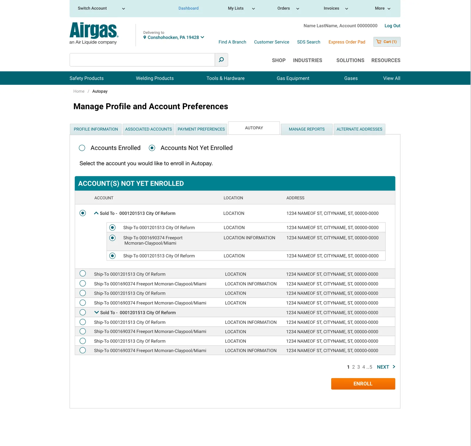 Shipped autopay screen with an Accounts Enrolled / Accounts Not Yet Enrolled toggle above a single account table