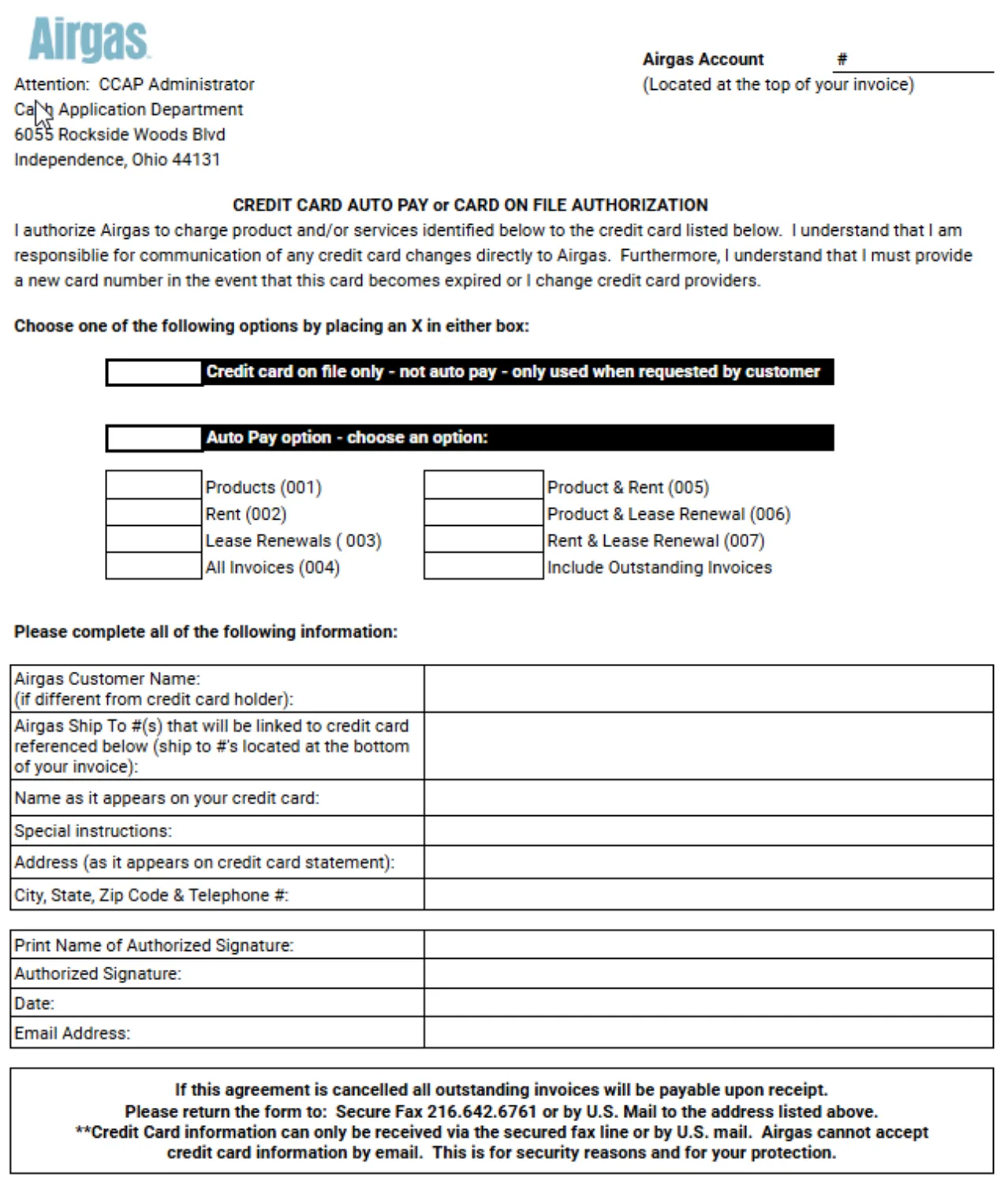 Airgas paper autopay authorization form with checkboxes for invoice types and instructions to return it by U.S. mail or secure fax