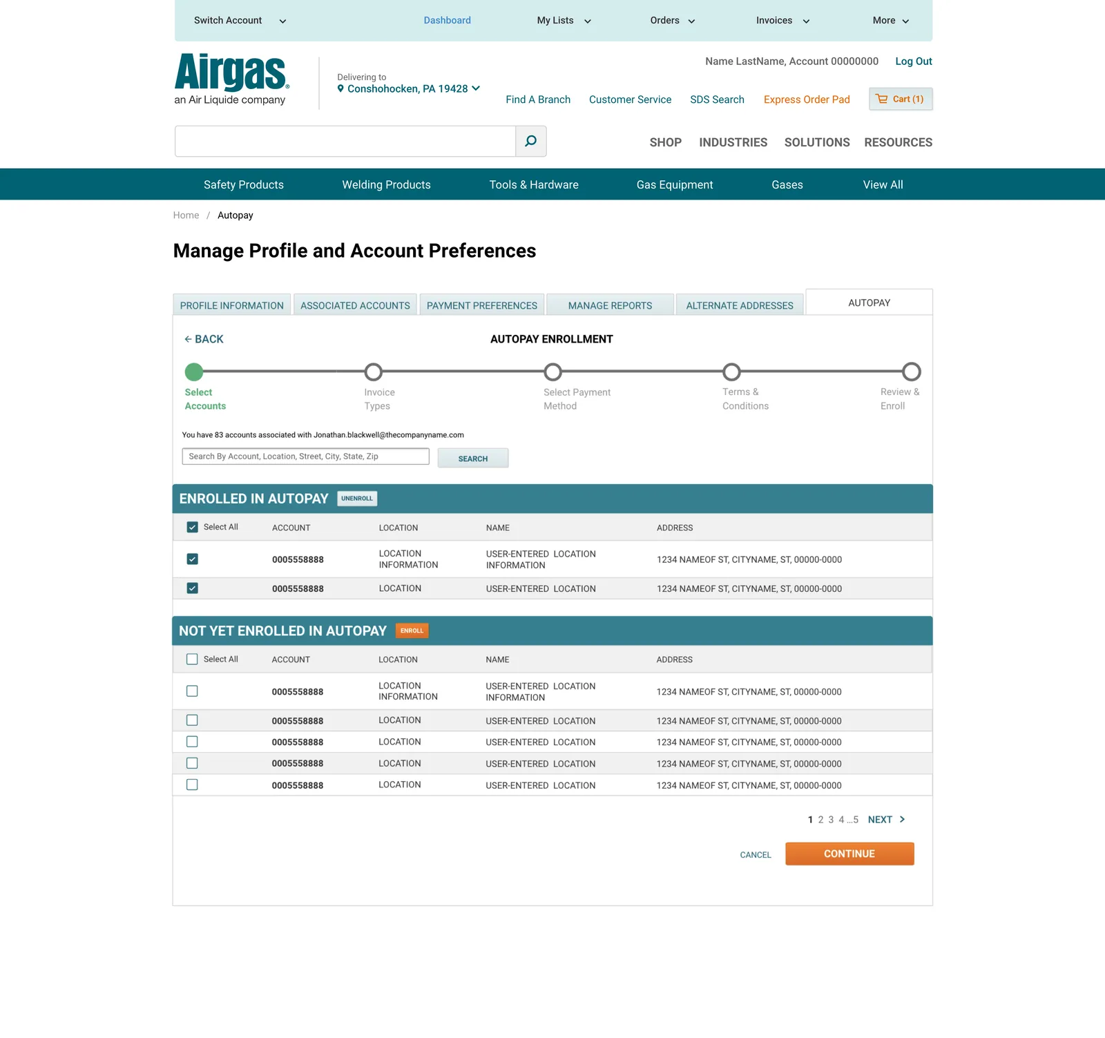 Killed exploration: one screen stacking an Enrolled in Autopay table above a Not Yet Enrolled in Autopay table