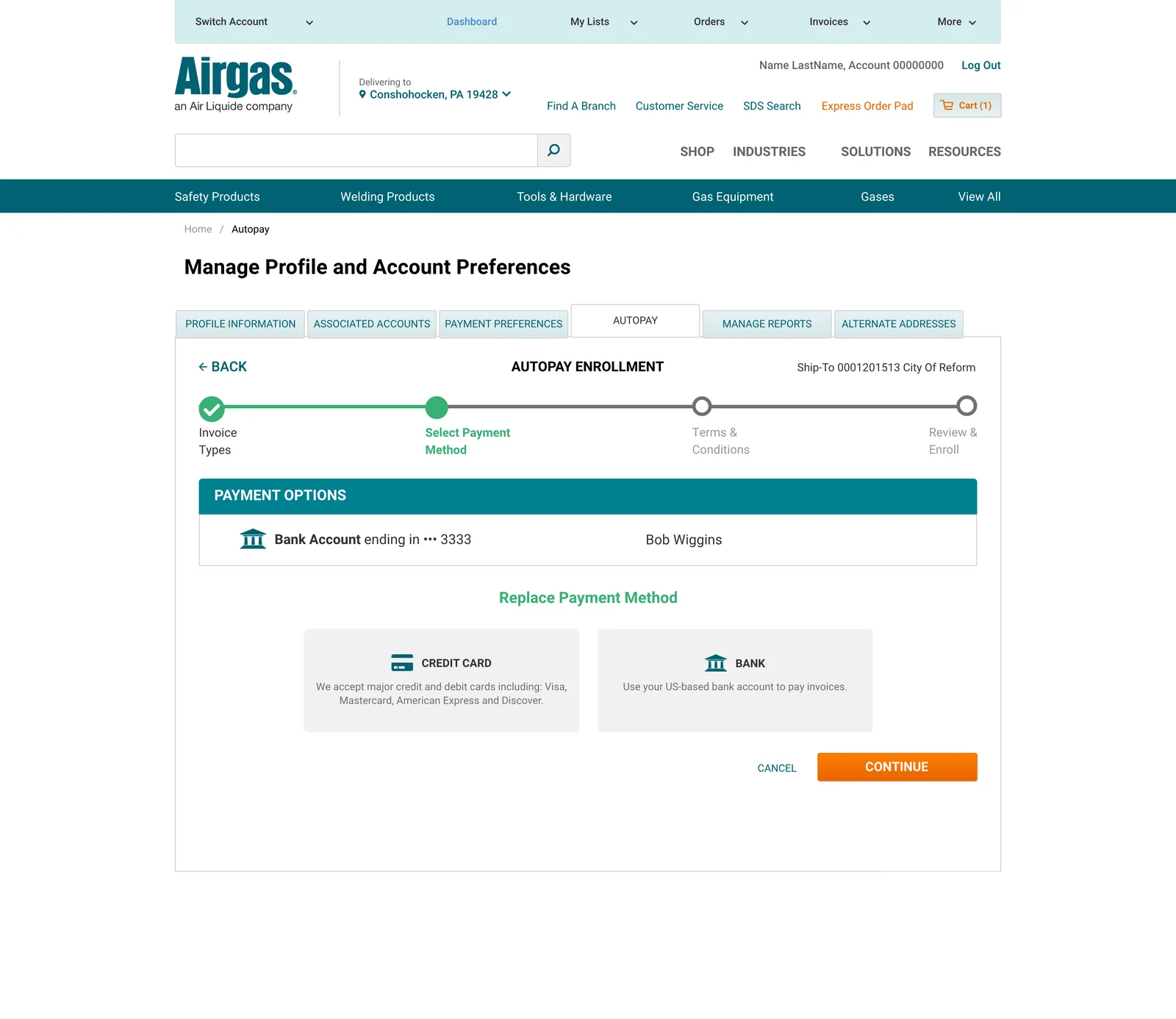 Full-screen autopay enrollment step for selecting a payment method, with a five-step progress bar across the top