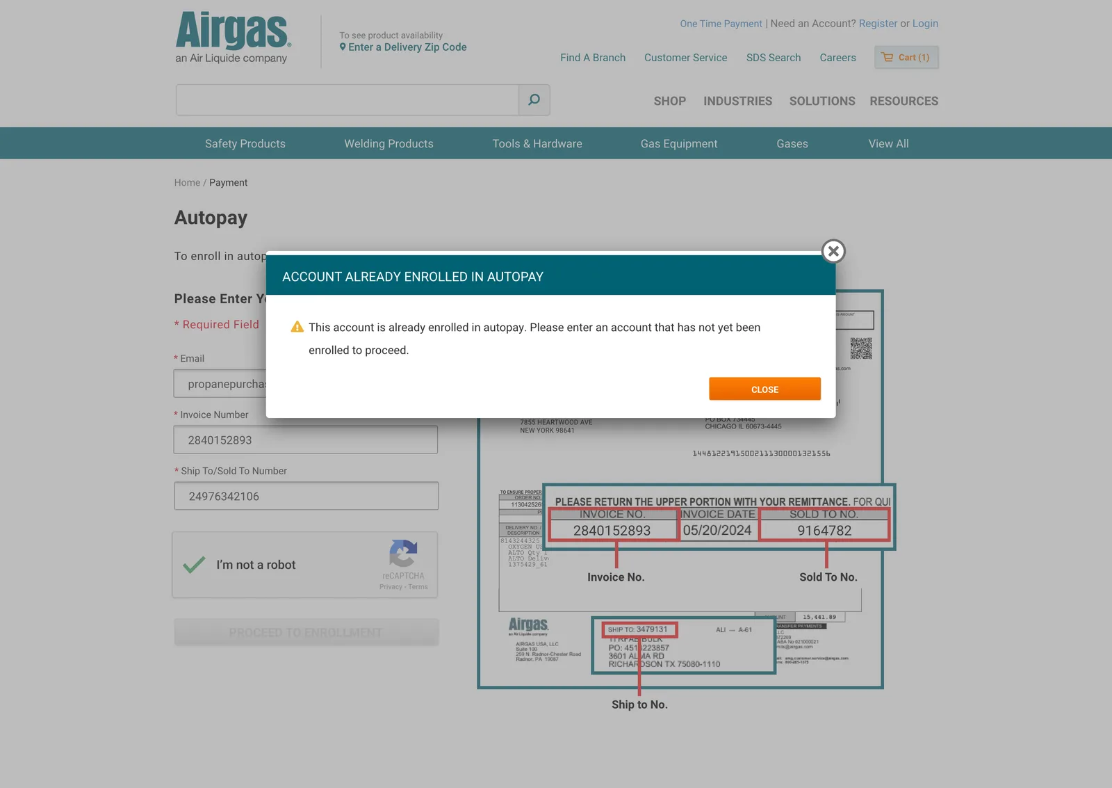 Modal stating this account is already enrolled in autopay, asking for an account that has not yet been enrolled