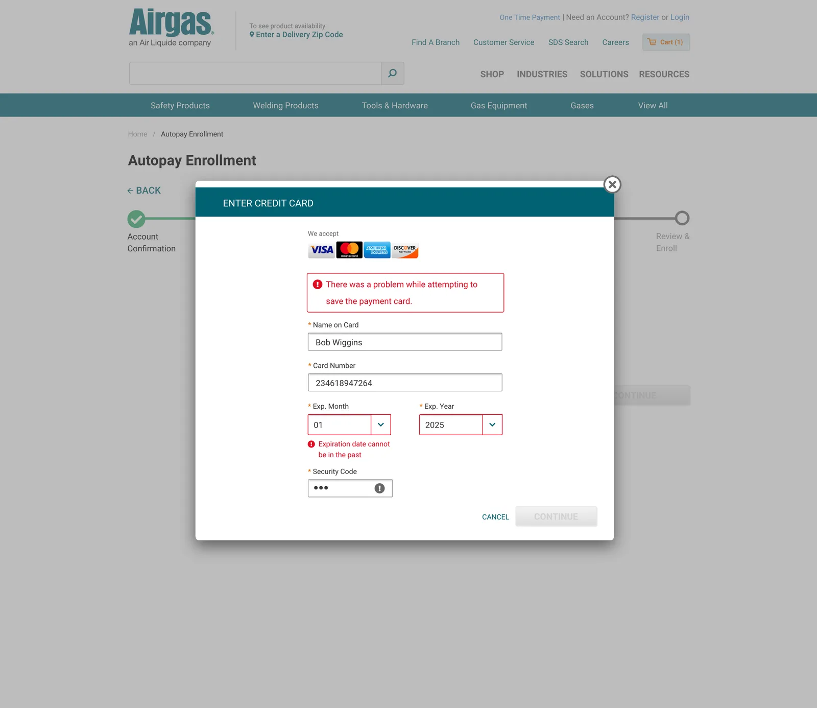 Enter Credit Card modal showing a card-save failure banner and an inline expiration-date-cannot-be-in-the-past error