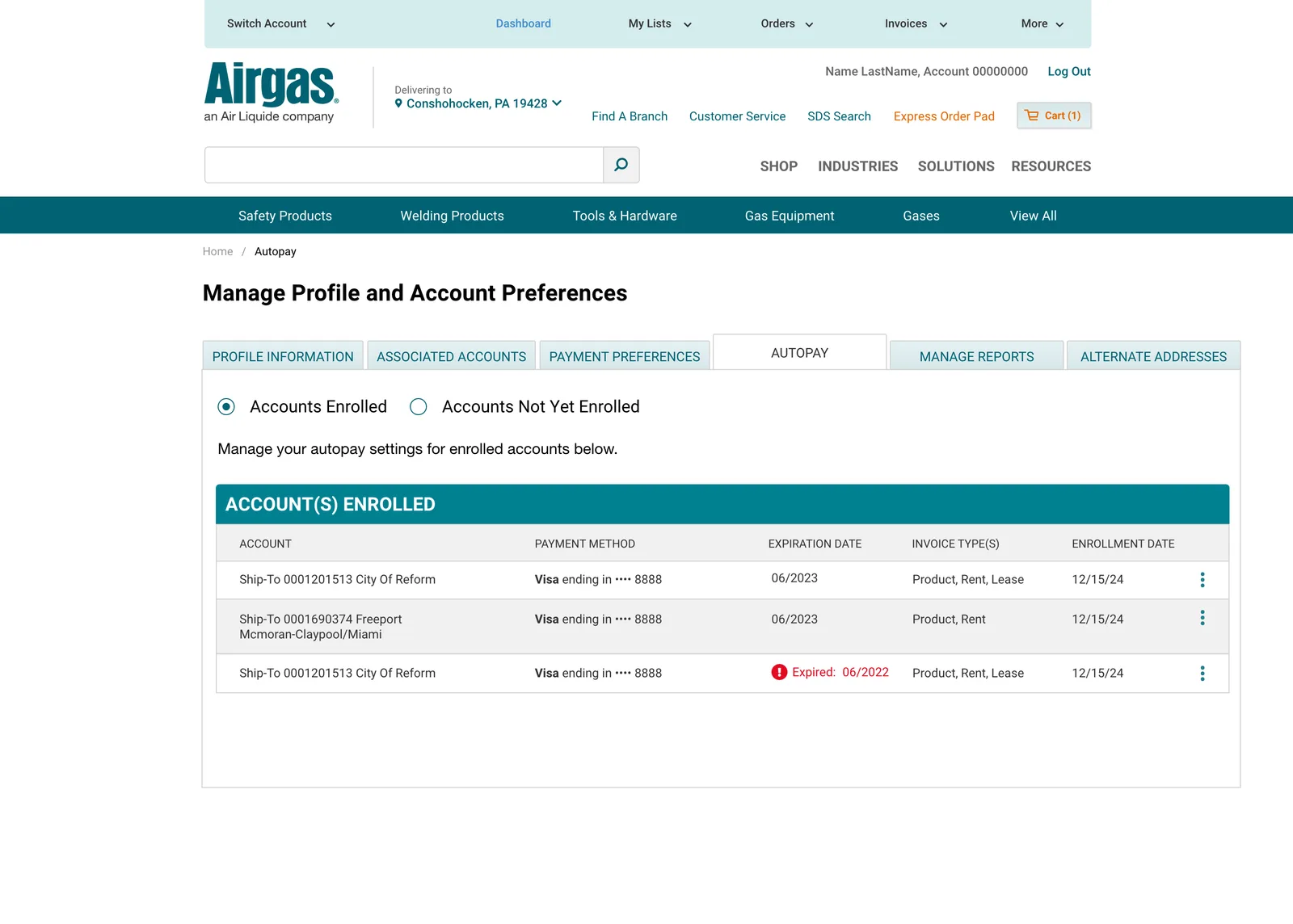 Enrolled accounts table flagging a payment card as expired in red
