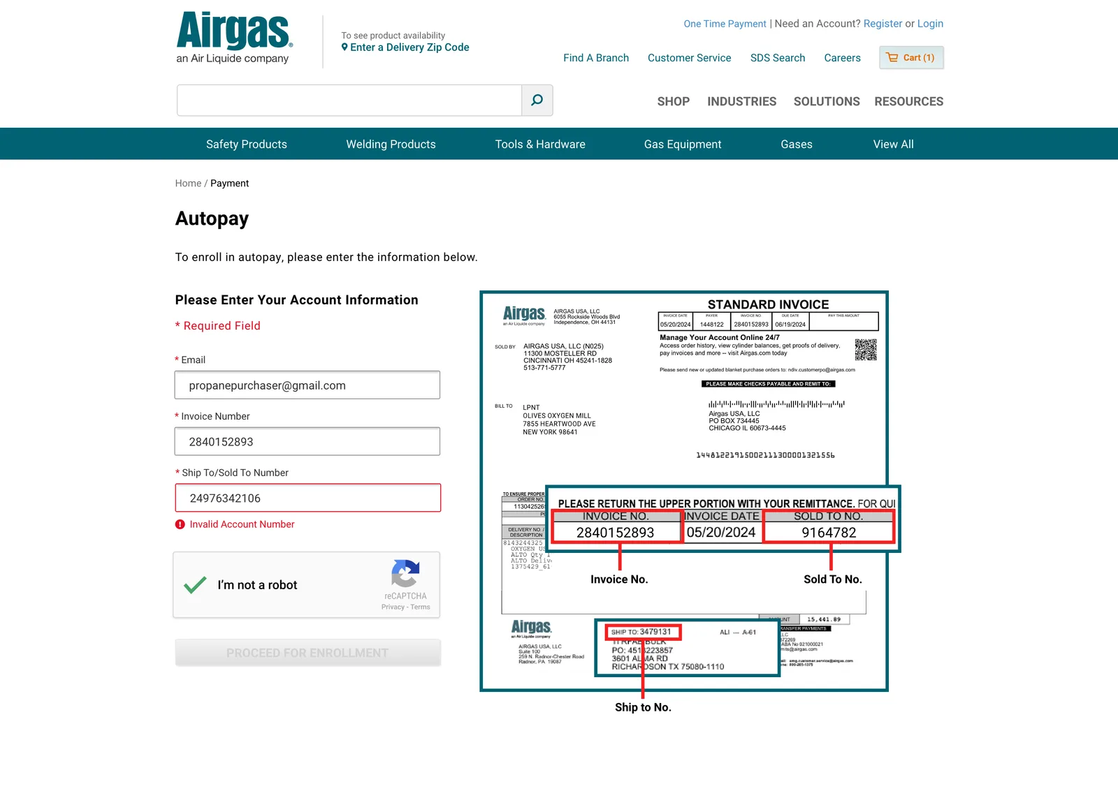 Guest autopay entry form showing an inline Invalid Account Number error beside the annotated invoice guide