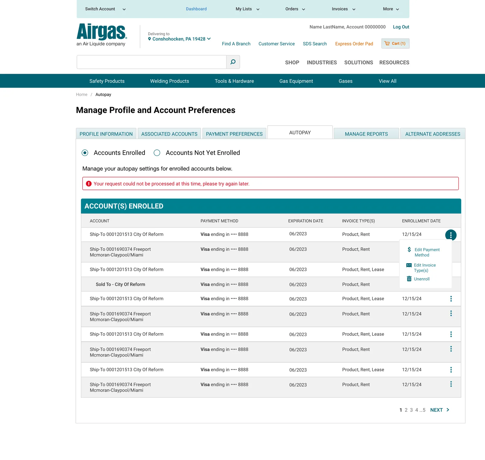 Autopay management tab showing a banner reading your request could not be processed at this time, please try again later