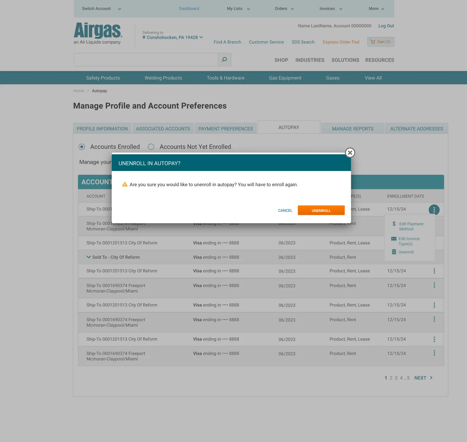Confirmation modal asking are you sure you would like to unenroll in autopay, warning that you will have to enroll again