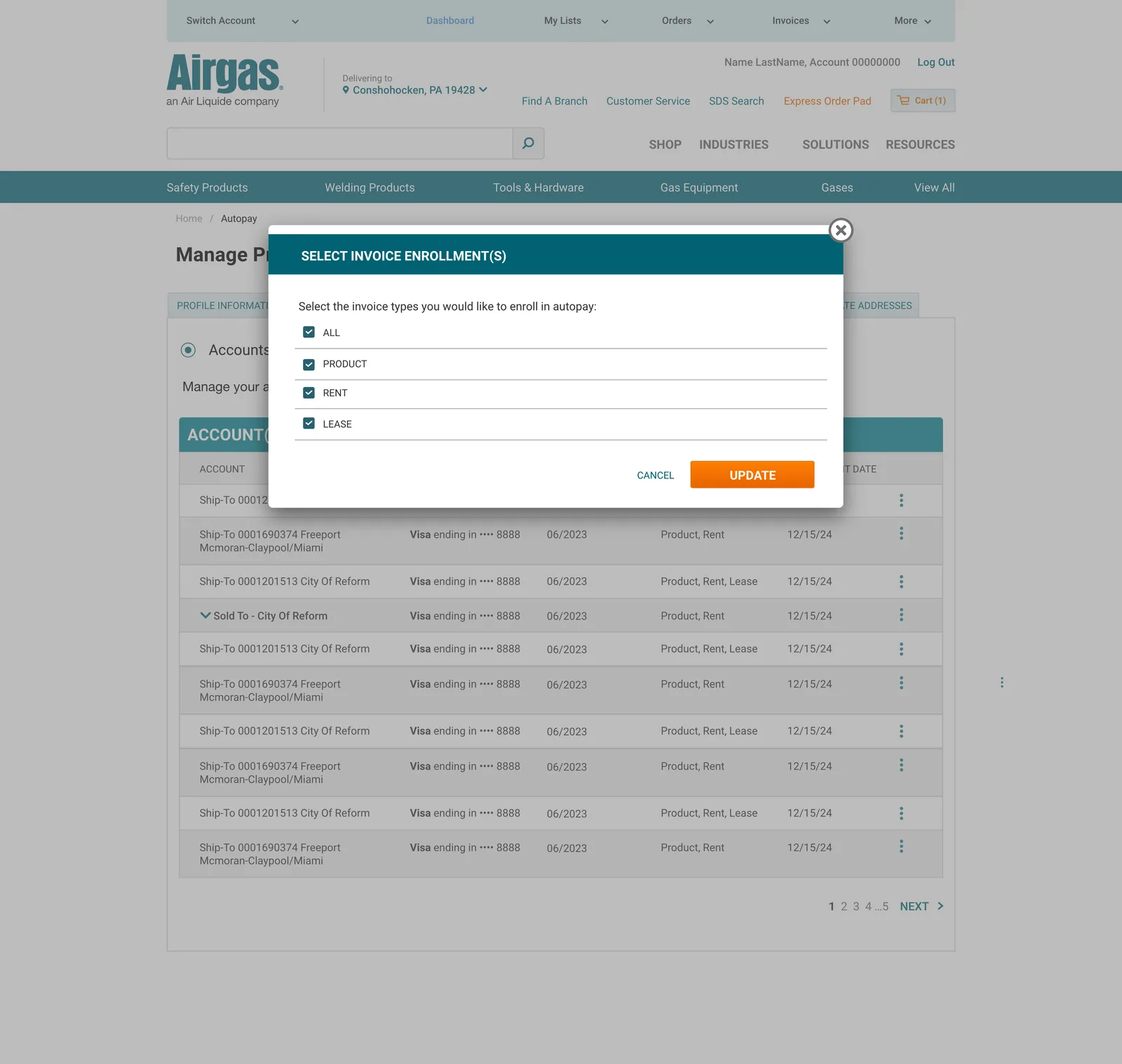 Select Invoice Enrollments dialog with checkboxes for All, Product, Rent, and Lease invoice types over an account management table