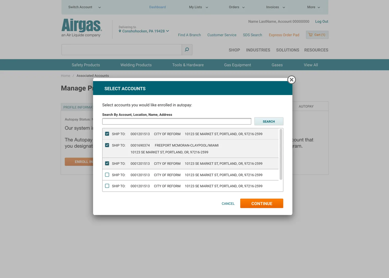 Early iteration: a Select Accounts pop-up dialog listing ship-to accounts with checkboxes, covering the page behind it