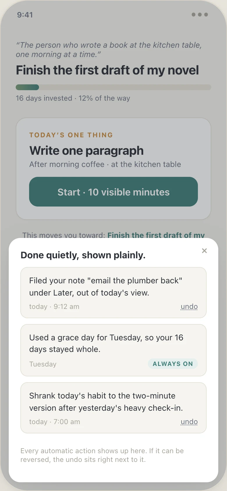 Beacon's agent log sheet titled Done quietly, shown plainly: a filed note with undo, an automatic grace day marked always on, and a suggested habit shrink with undo