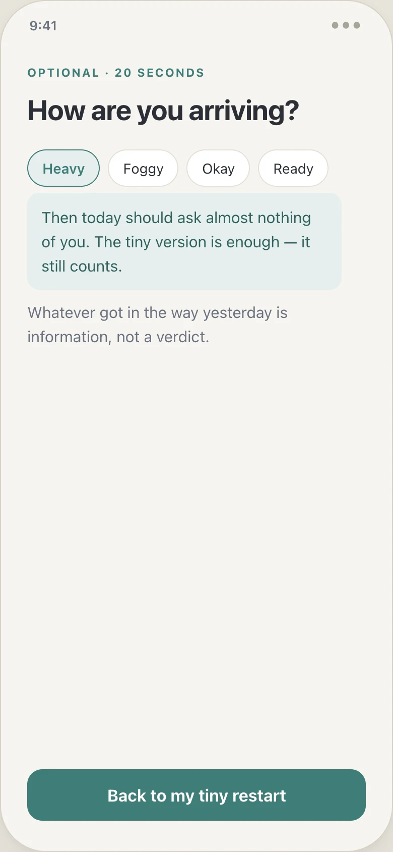 Beacon optional check-in: How are you arriving, with Heavy selected among four mood chips and a self-compassion response beneath it