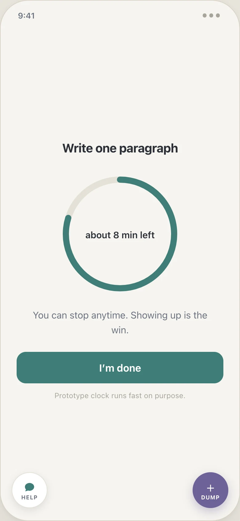 Beacon focus session: a large analog ring partially depleted around the words about 8 min left, above a single I'm done button