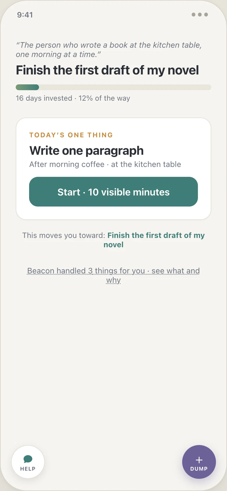 Beacon home screen: the goal and a future-self line at the top, a cumulative progress bar reading 16 days invested, and a single Today's One Thing card with one Start button
