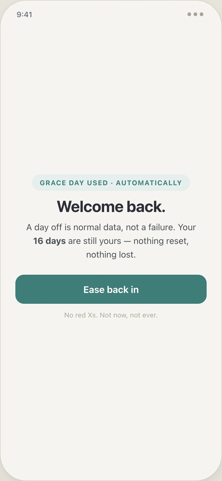 Beacon missed-day screen: a grace-day-used badge, a Welcome back heading, copy confirming nothing was reset, and an Ease back in button