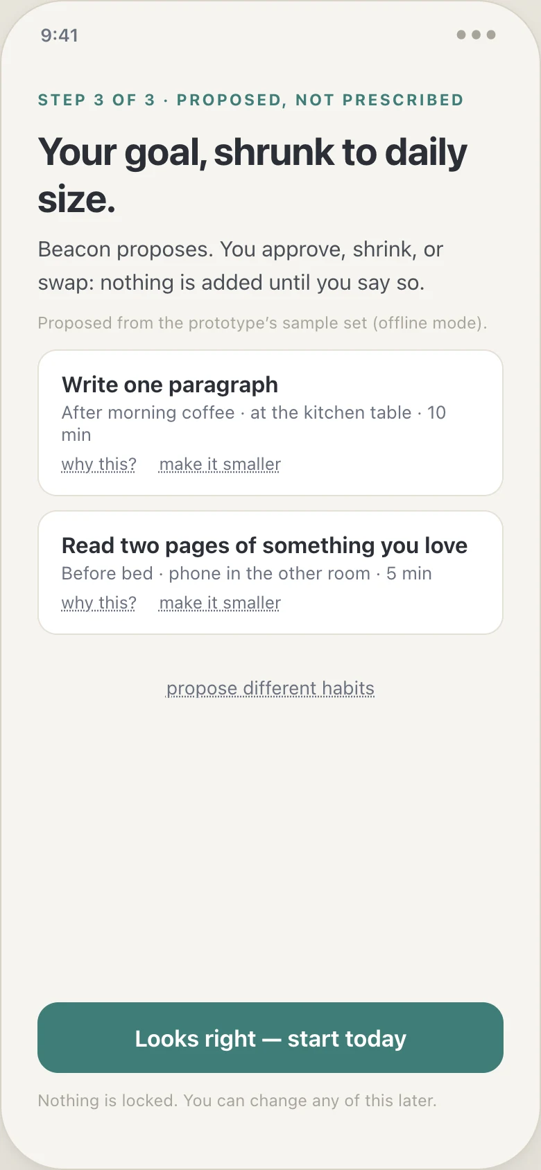 Beacon onboarding step three: the goal shrunk to daily size, with two proposed habit cards, each showing an if-then trigger, a duration, and a make-it-smaller link