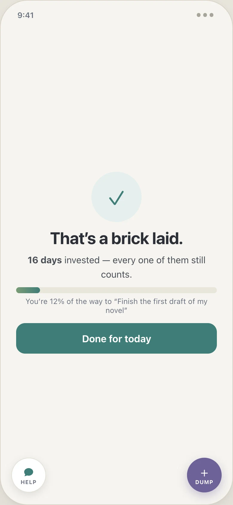 Beacon completion screen reading That's a brick laid, with a cumulative days-invested count and a progress bar toward the goal