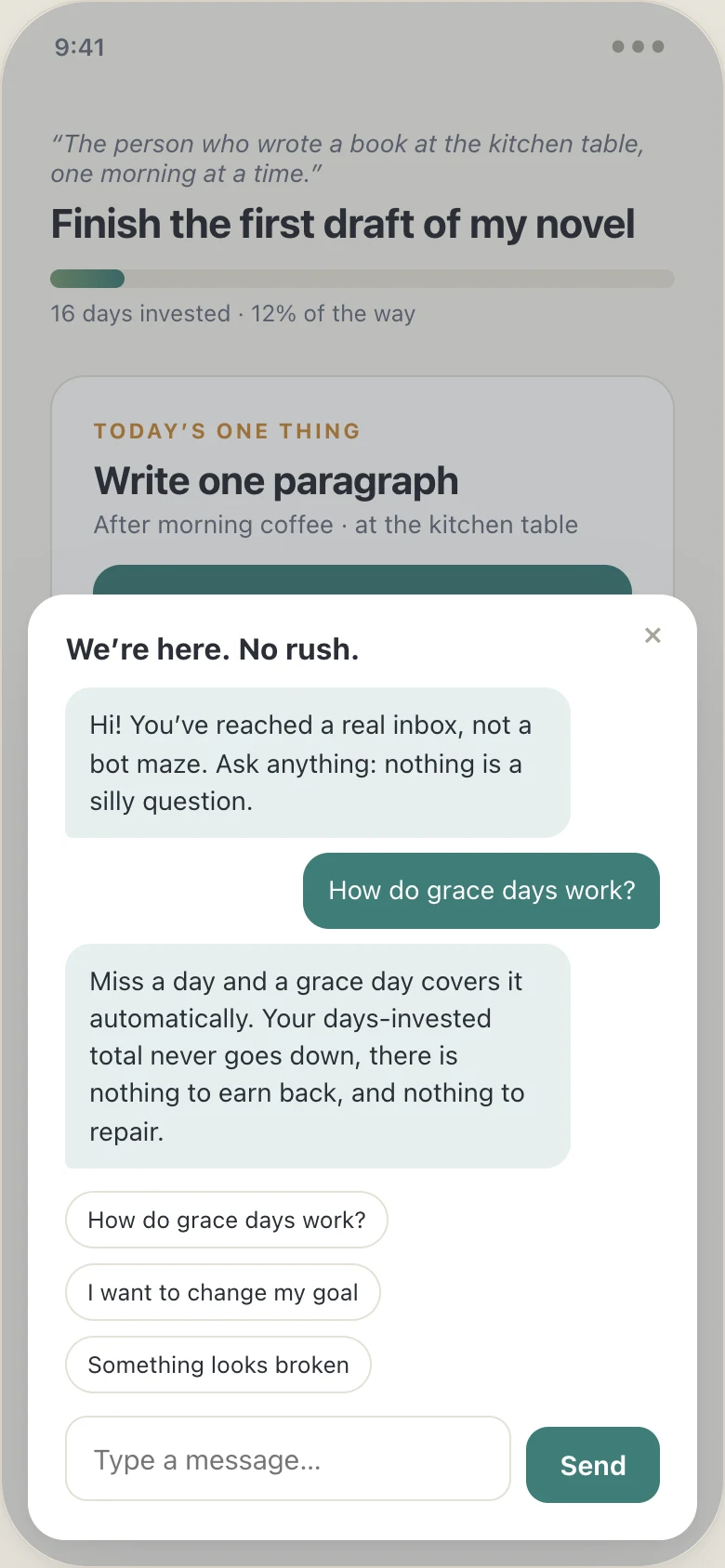 Beacon's in-app support chat sheet titled We're here, no rush: a supportive greeting, a question about grace days, and a reassuring answer in chat bubbles above quick-question chips