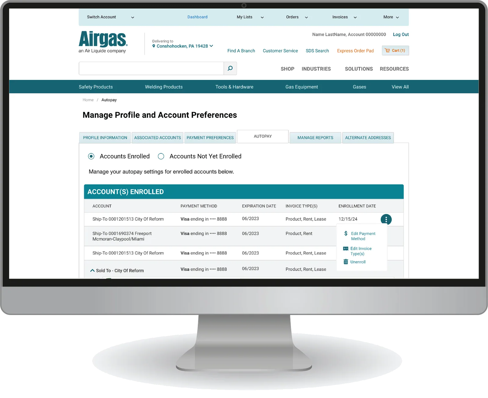 Airgas autopay account management screen shown on a desktop monitor