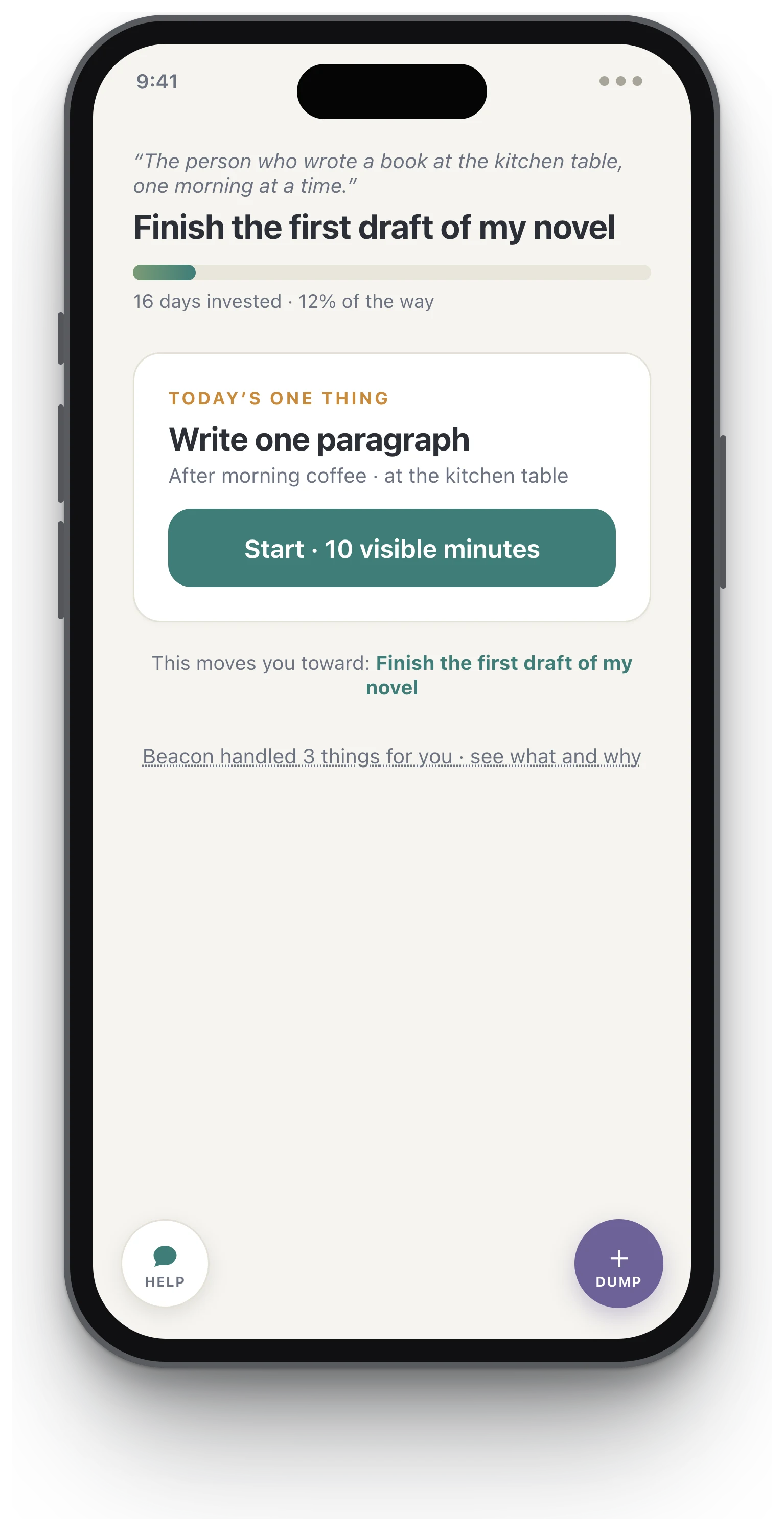The Beacon home screen on a floating iPhone: a goal, a cumulative progress bar, and a single next action with a Start button