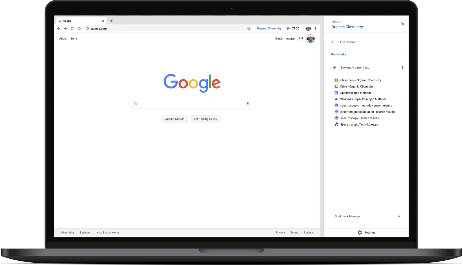 Chrome browser on a laptop with the Focus Window session panel open beside a Google search page