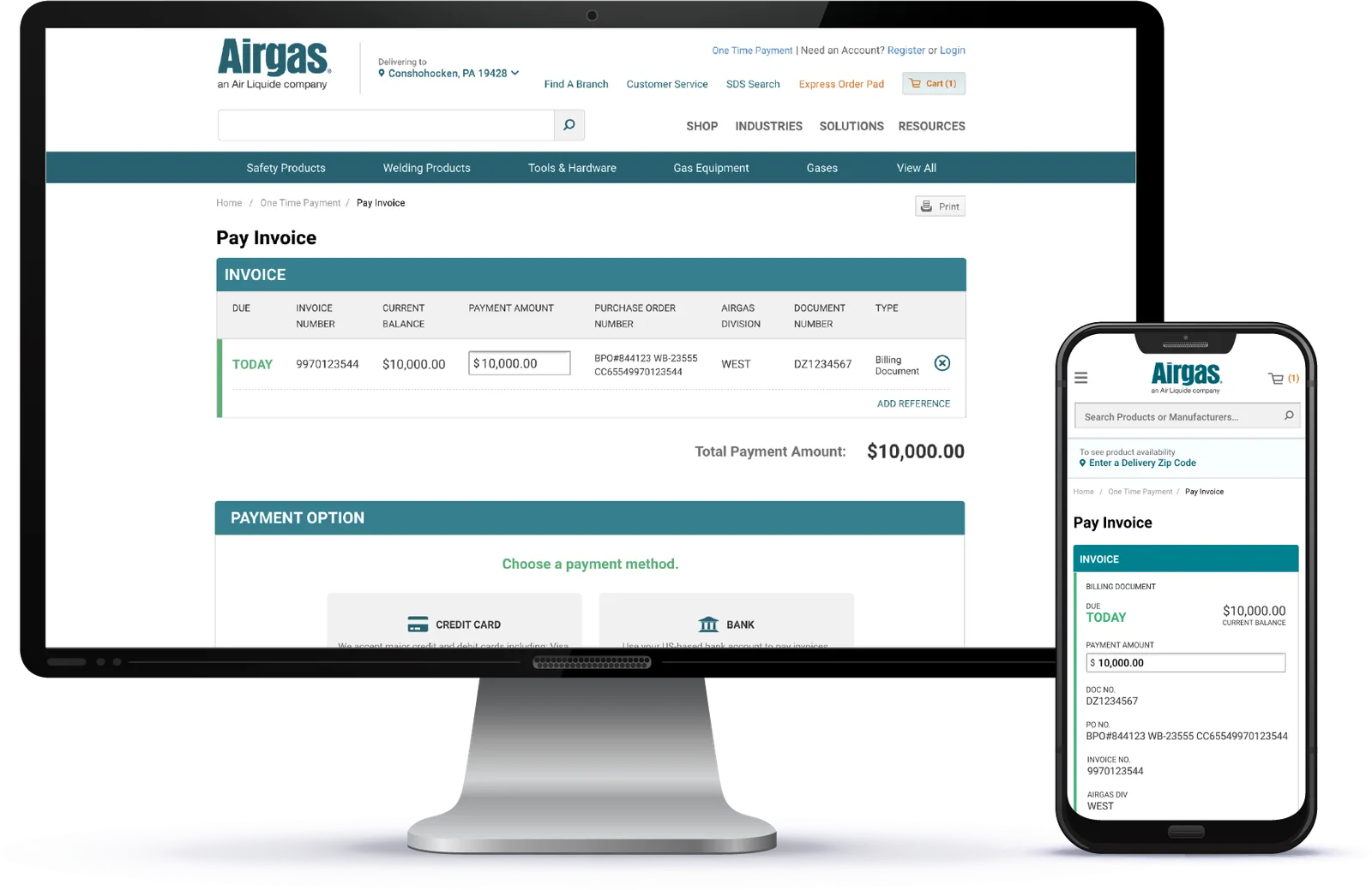 Airgas Pay Invoice screen shown on a desktop monitor and a phone