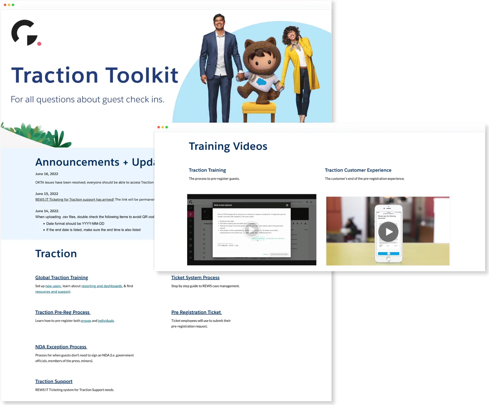Traction Toolkit site pages shown in overlapping browser windows