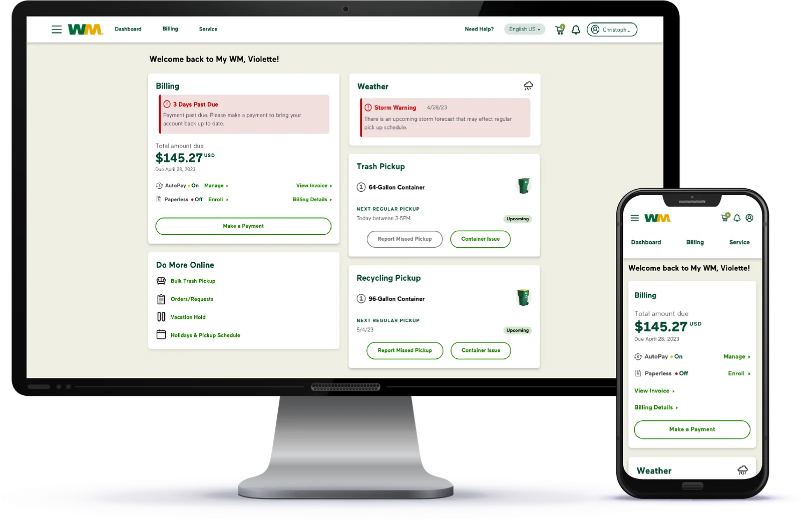 WM customer dashboard shown on a desktop monitor and a phone