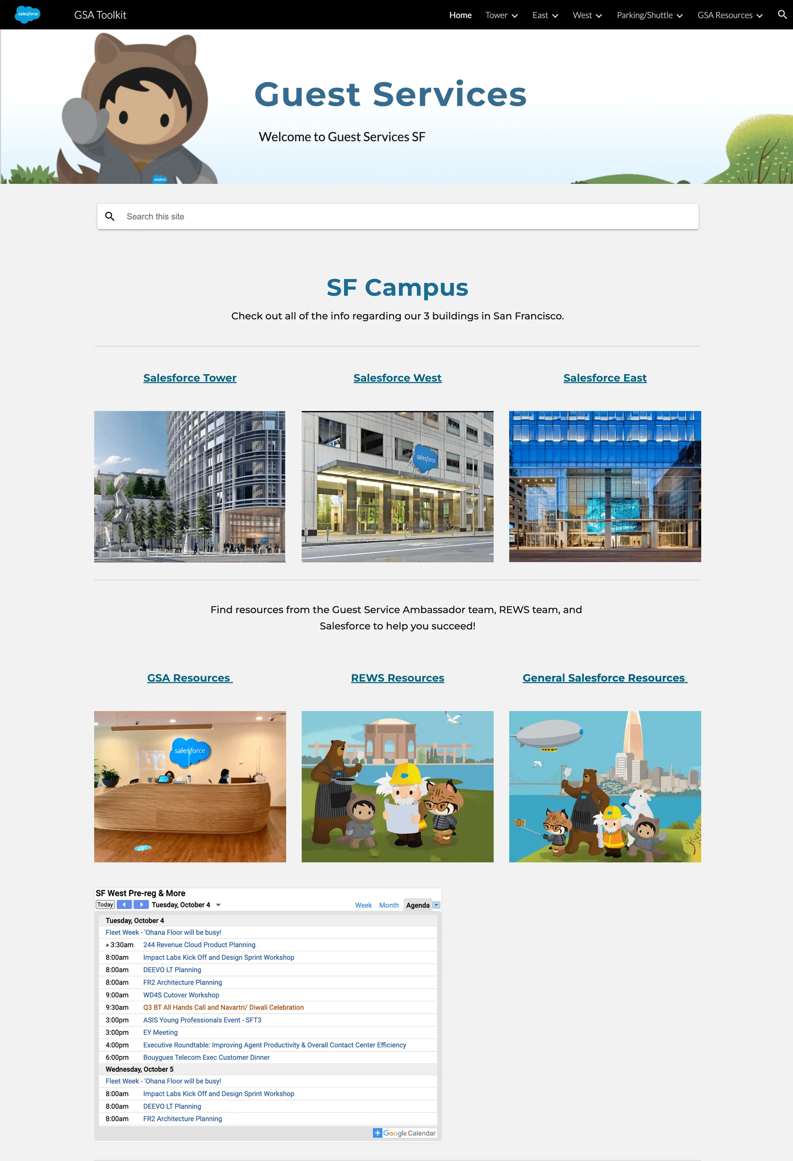 The shipped GSA Toolkit home page with search, prioritized campus information, and event calendar