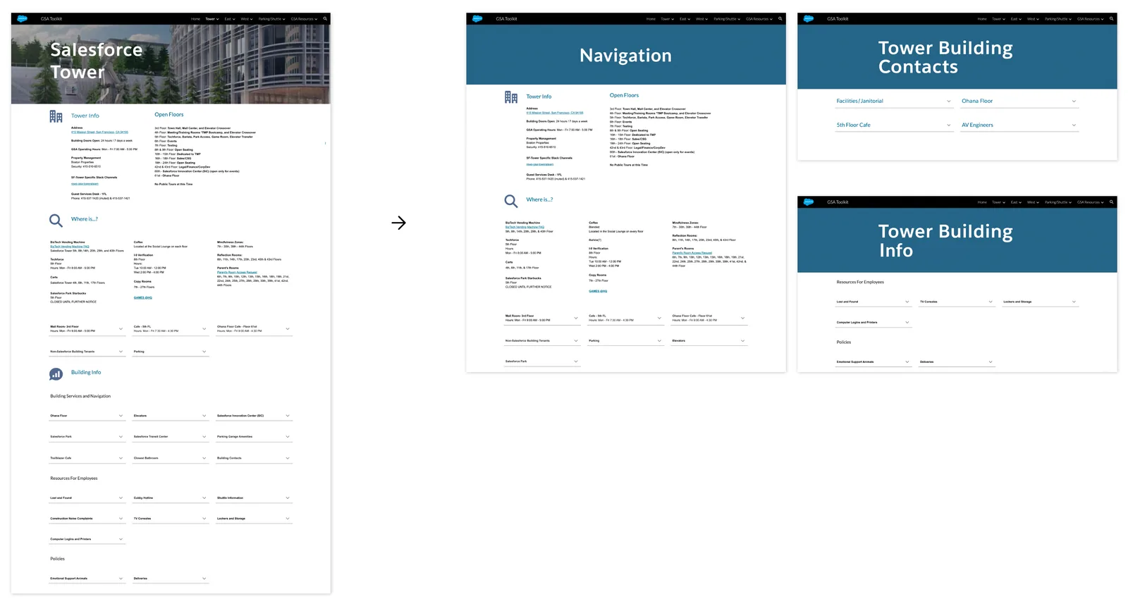V2 redesign splitting each building's content into scannable sub-pages