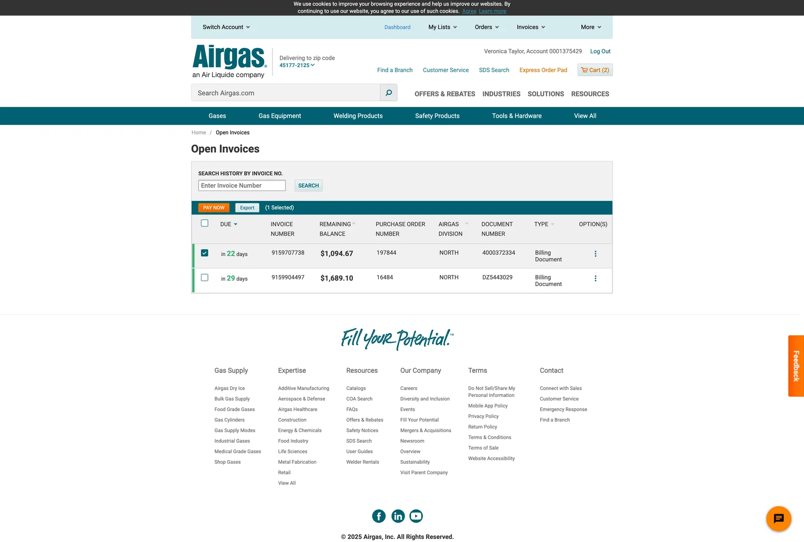 The old Airgas bill-pay experience: an invoice list inside the logged-in account area