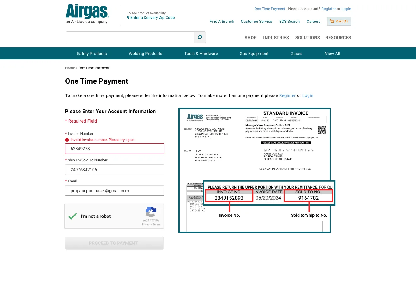 One Time Payment entry form showing the inline error 'Invalid invoice number. Please try again.' above the invoice number field, with the entered values preserved