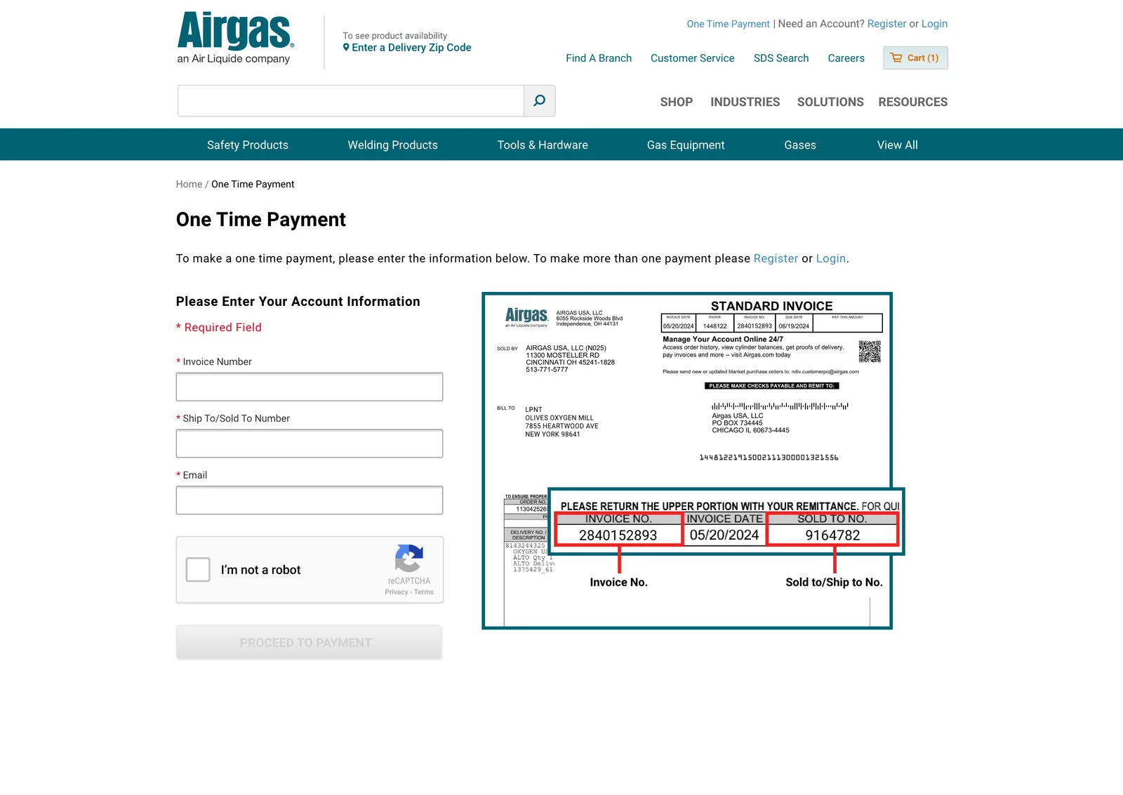 One Time Payment guest entry screen with invoice and account fields, the annotated invoice guide alongside, and a captcha verification step