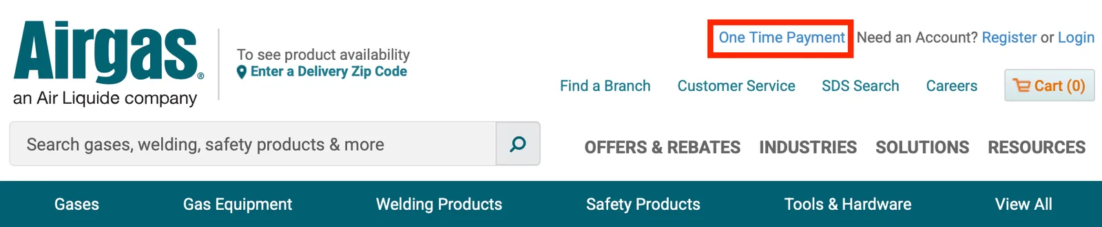 Airgas homepage header with the One Time Payment link highlighted beside the Register and Login links