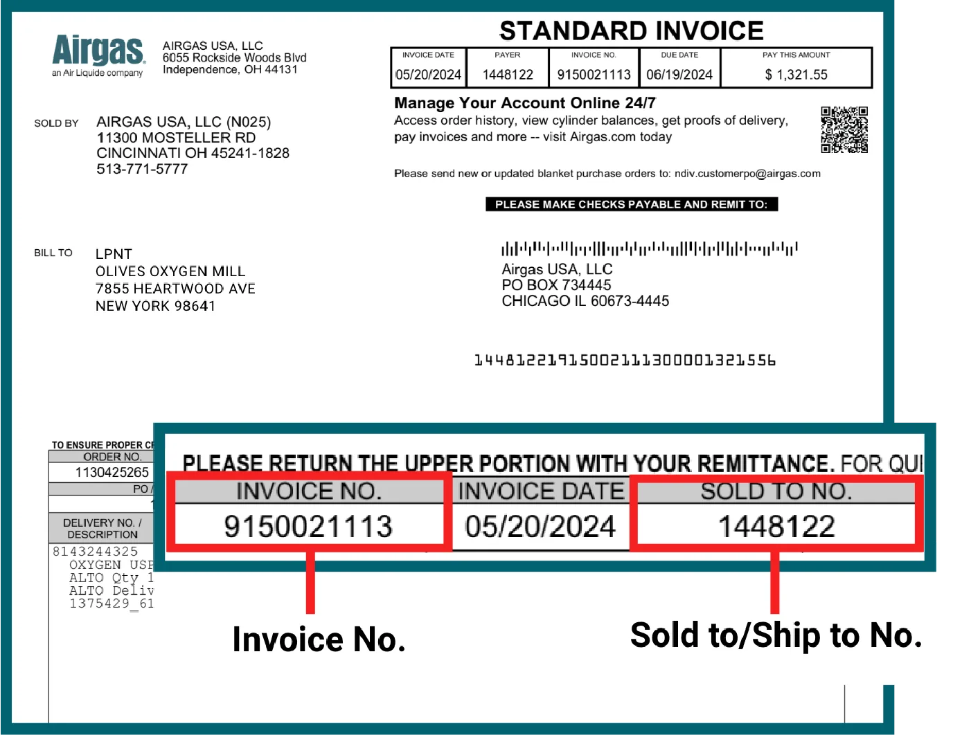 Annotated Airgas invoice with callouts highlighting where the invoice number, invoice date, and Sold To number appear on the remittance slip