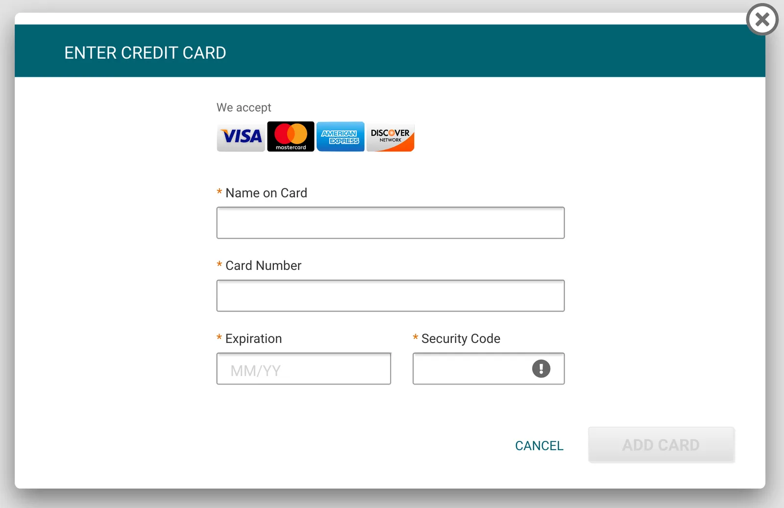 The redesigned Enter Credit Card modal with fields for name, card number, expiration, and a required security code