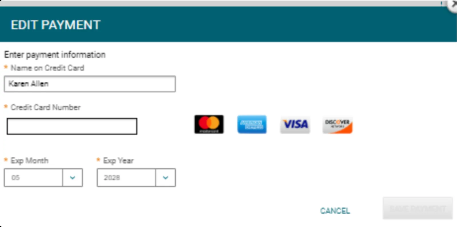The old Edit Payment modal asking only for name on card, card number, and expiration, with no security code field