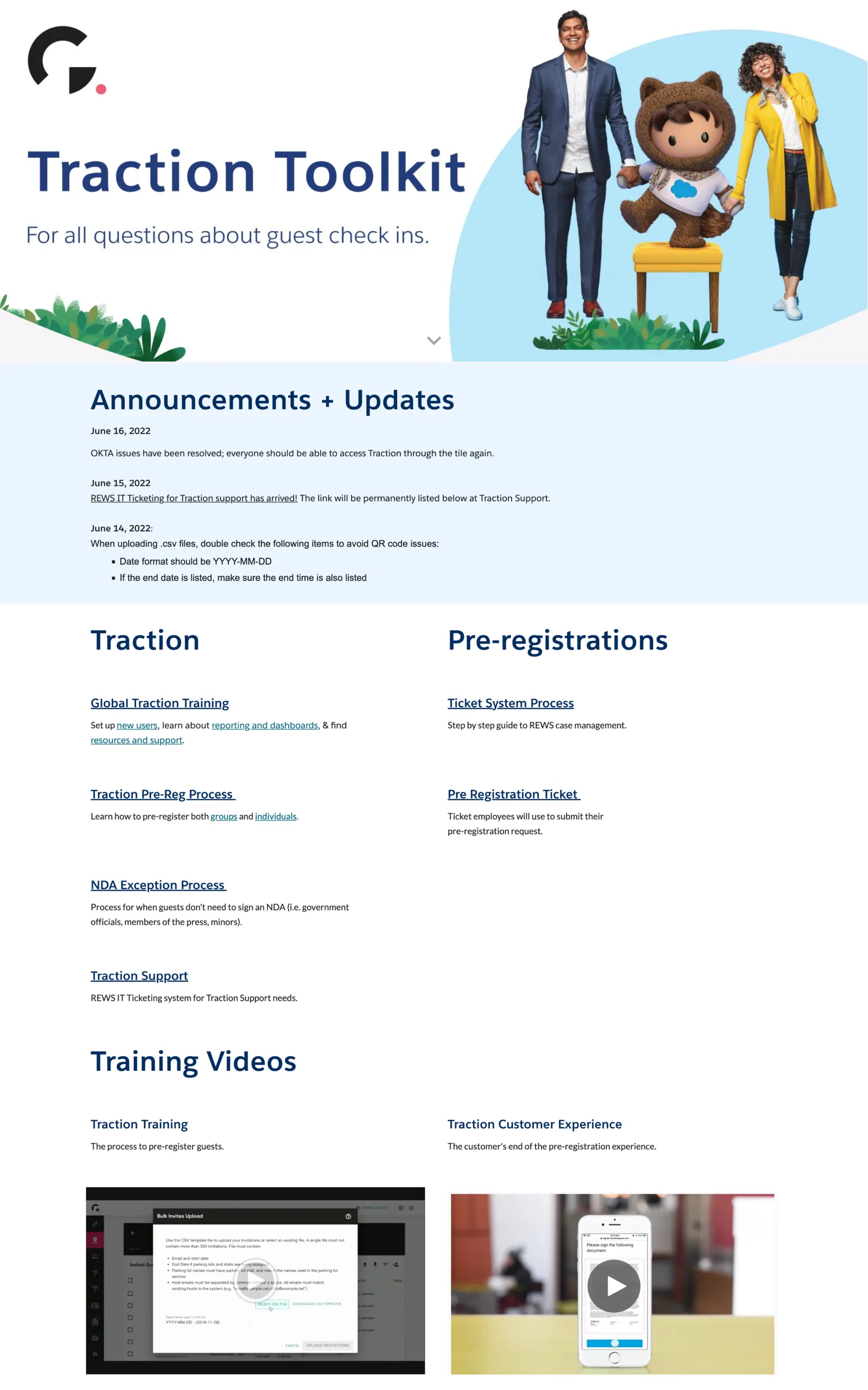 The launched Traction Toolkit site: announcements, resources ordered by process stage, and training videos