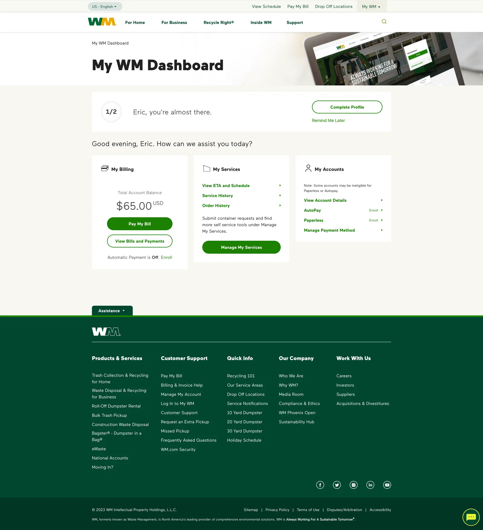 The old WM customer dashboard: a long page where service status, billing, and account changes each require hunting through navigation