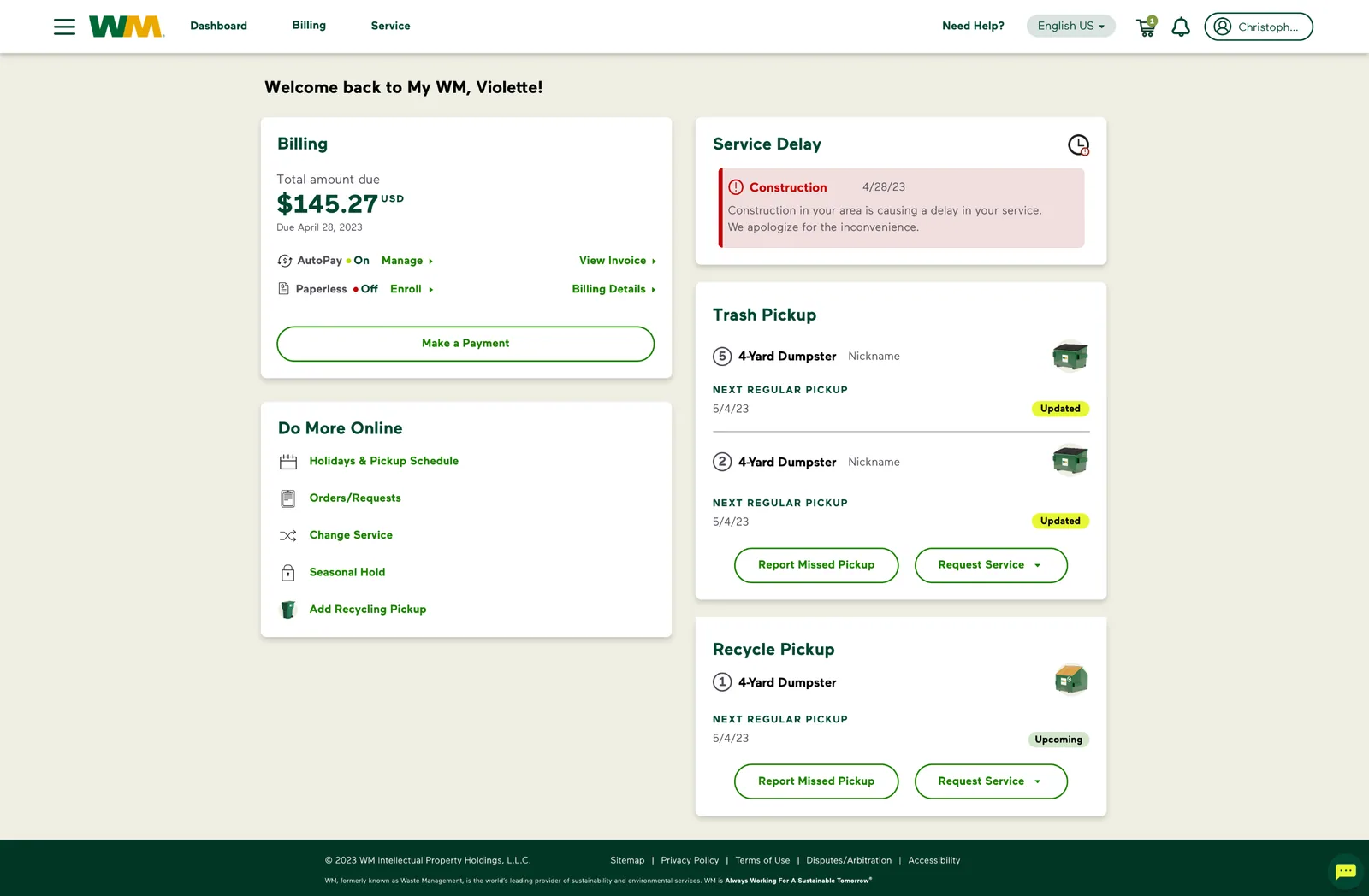 Redesigned commercial dashboard handling multiple services and locations