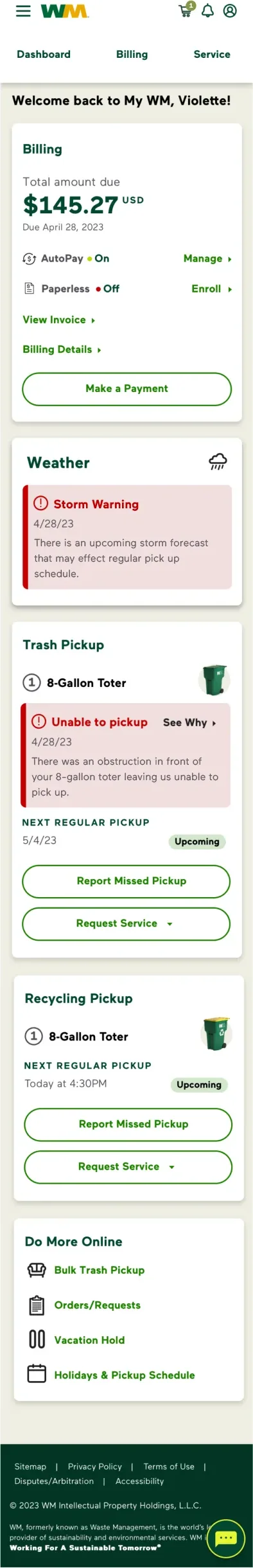 The redesigned WM dashboard on a phone, full page