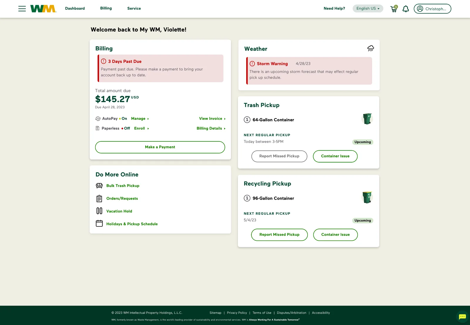 Redesigned residential dashboard with billing, trash and recycling pickup cards, and quick links