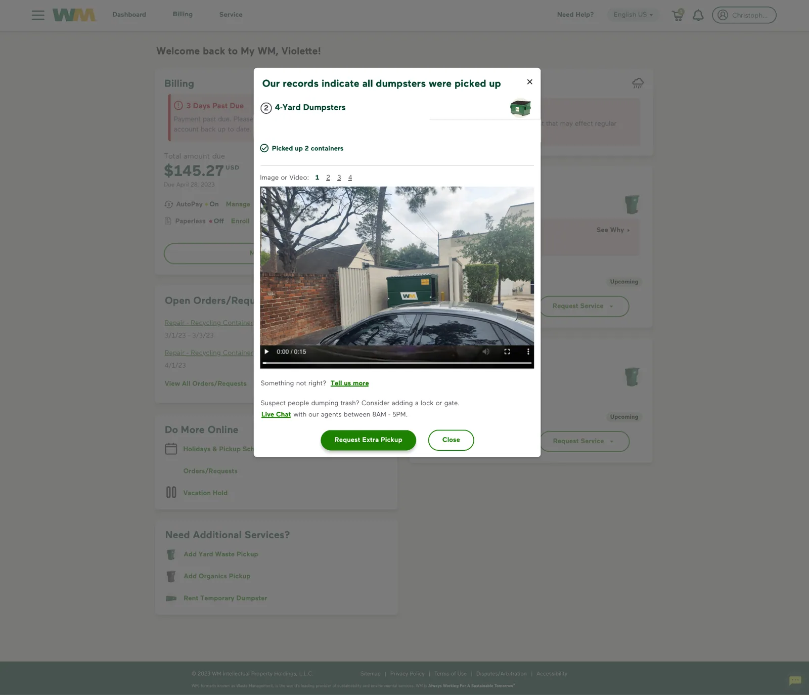 Service detail card expanded to full service information, including camera footage of a pickup